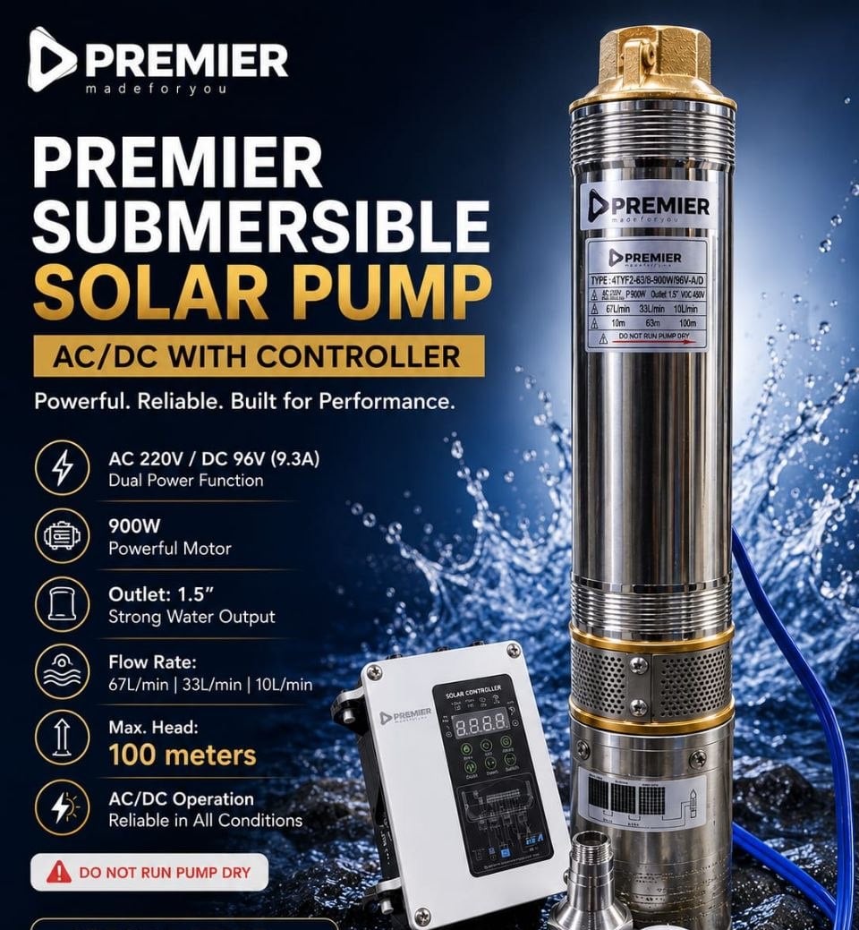 Premier 900W Solar Submersible Pump - 100M Head