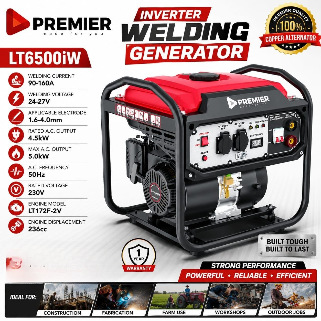 5.0kW Premier LT6500iW Petrol Inverter Welding Generator