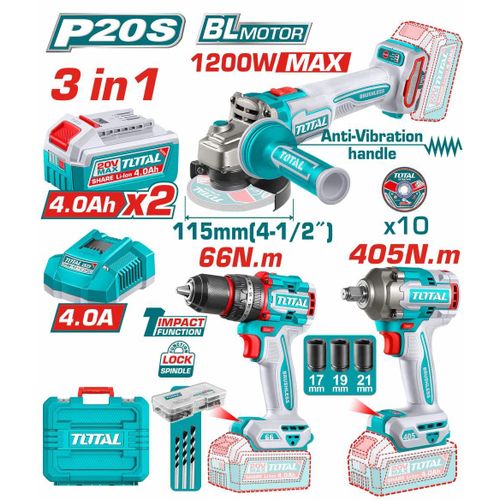 TOTAL 20V Cordless 3 pcs Combo Kit - TCKLI20358