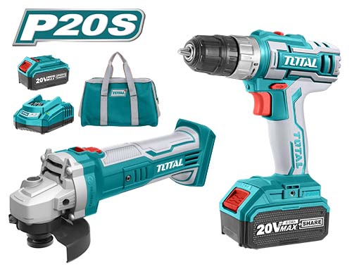 TOTAL 20V Cordless Drill & Angle Grinder Combo Kit - TCKLI2009