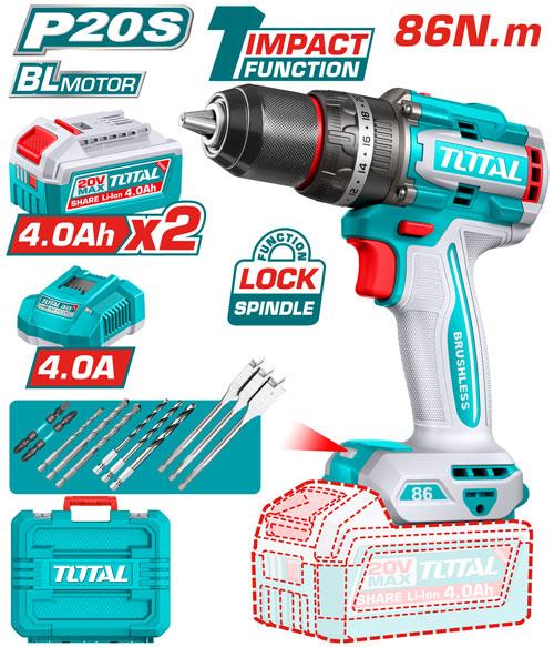 TOTAL 20V Brushless Cordless Drill 86Nm - TIDLI208682