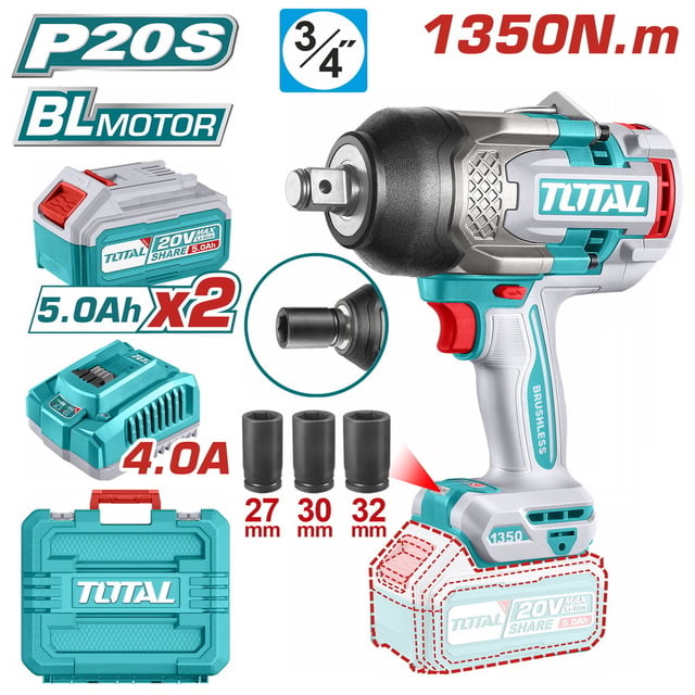 TOTAL Cordless impact Wrench 1350Nm 20V with 2x 5.0Ah Battery & Charger (TIWLI20135)