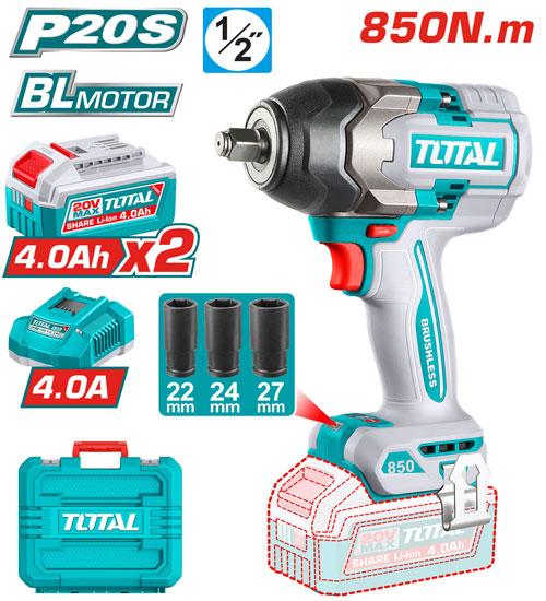 TOTAL Cordless Impact Wrench 850Nm with 2 20v Batteries / 4.0Ah- TIWLI2085