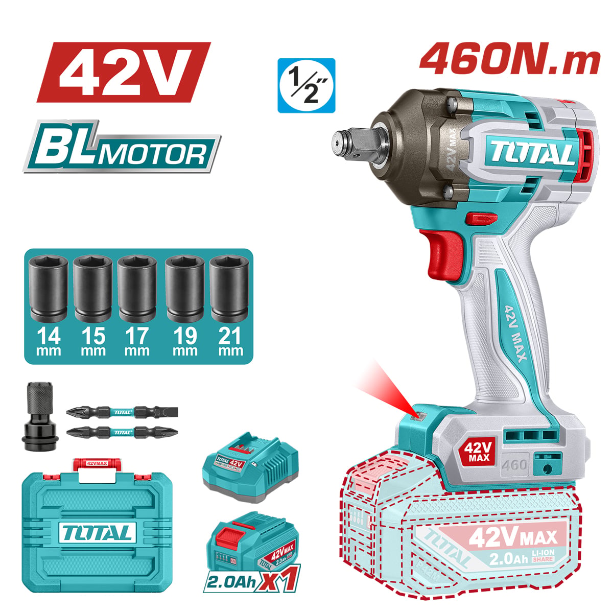 TOTAL Cordless Impact Wrench 460Nm with 2 Batteries / 2.0Ah & Charger - TIWLI42462